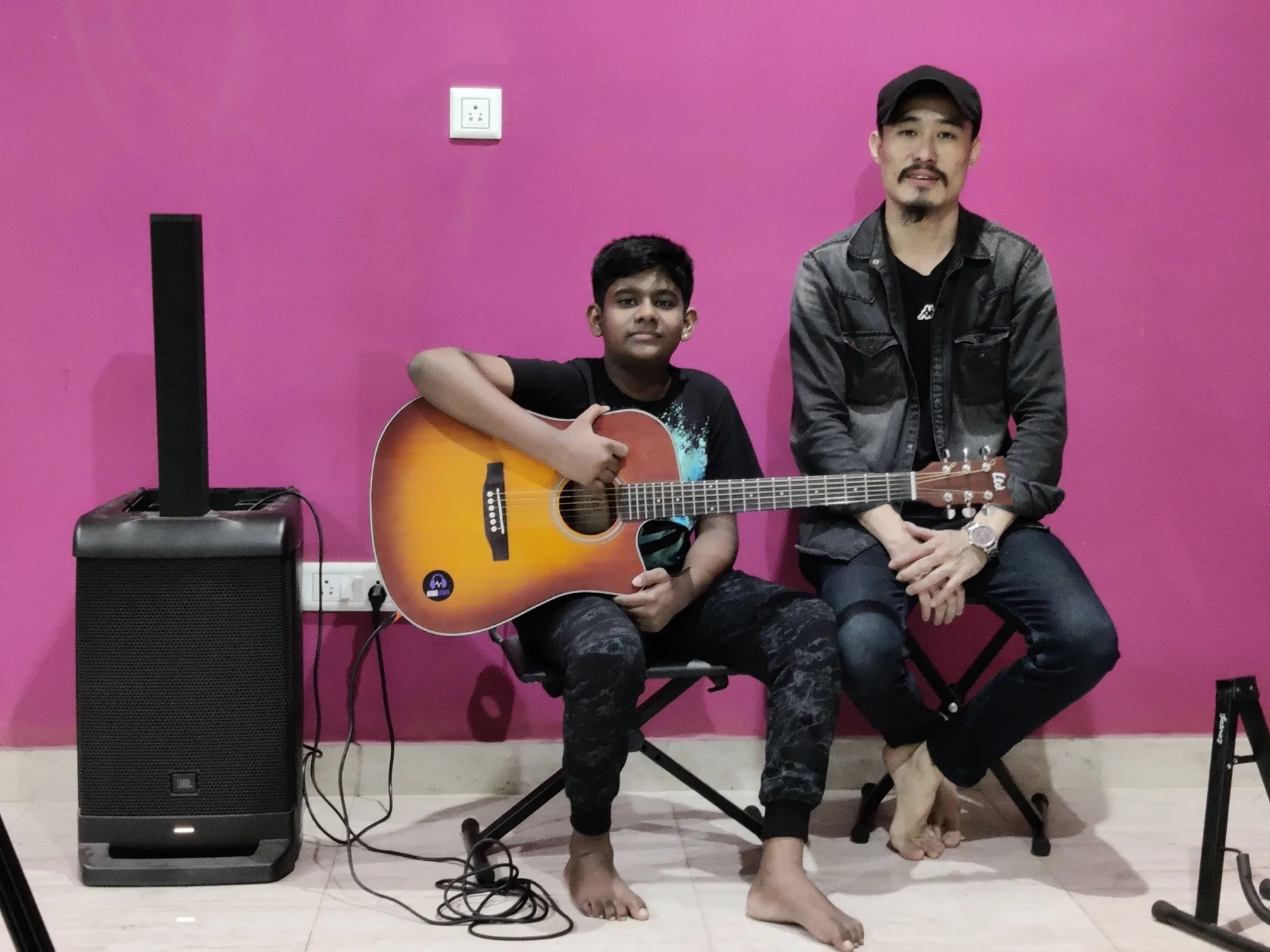 Guitar students in class at Fingersmith's Garage, Dodda Banaswadi