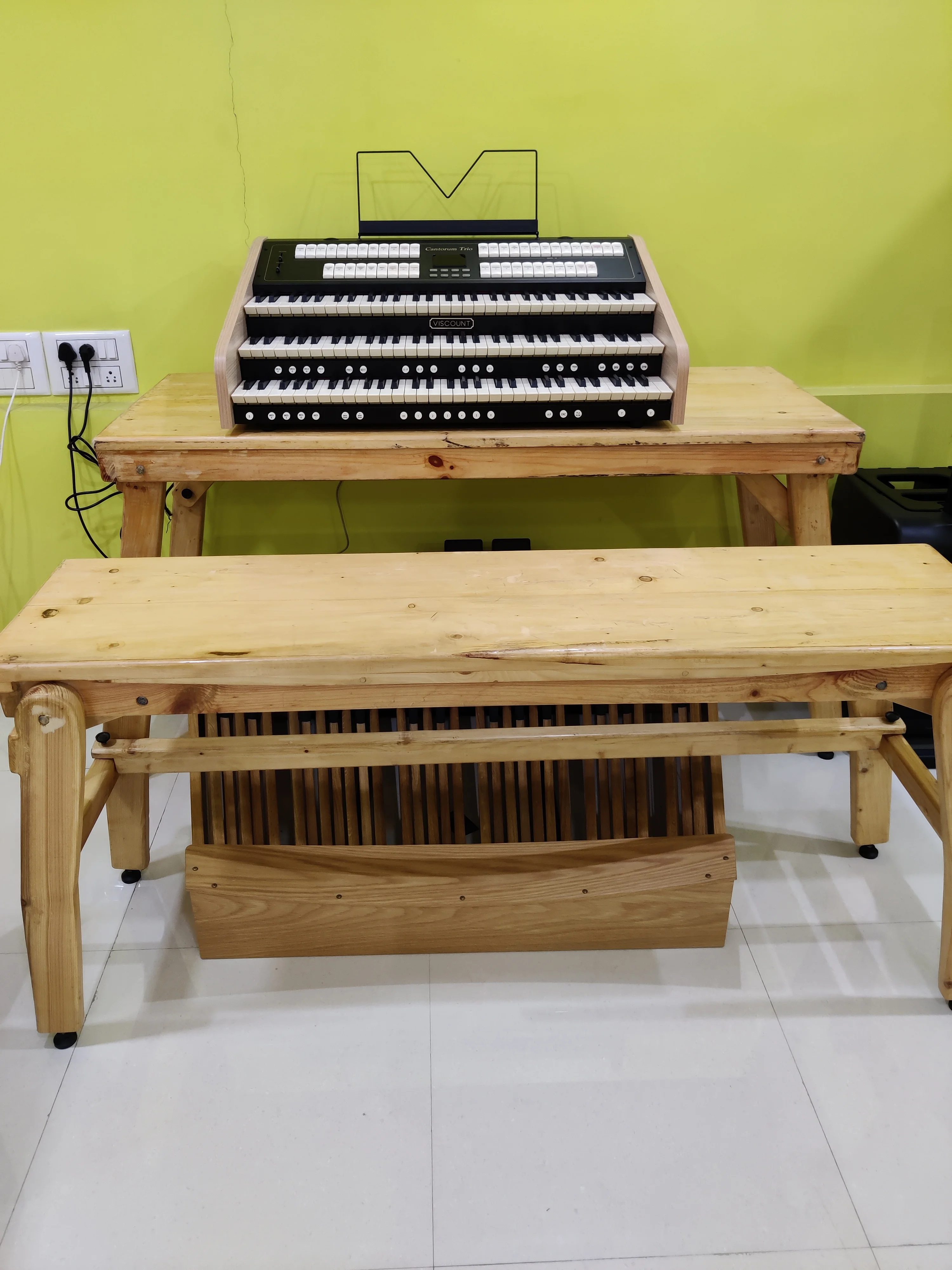 Viscount 3-manual classical organ at Fingersmith's Garage, Dodda Banaswadi — full pedalboard visible